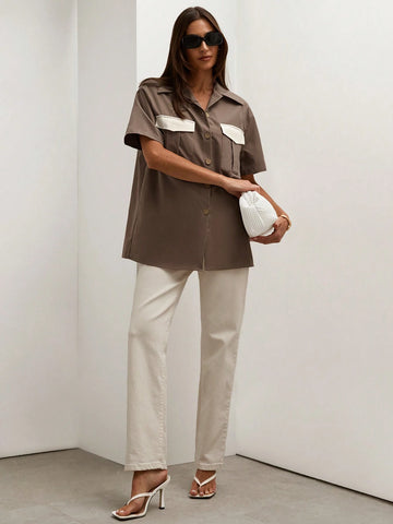 Women's Summer Contrast Color Cargo Pocket Short Sleeve Casual Shirt