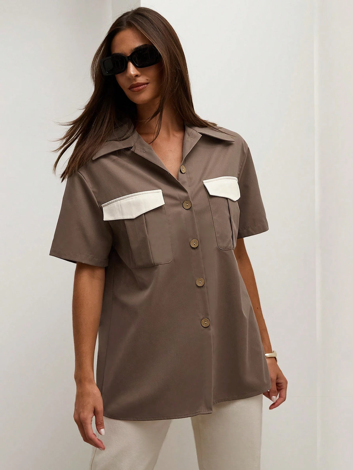 Women's Summer Contrast Color Cargo Pocket Short Sleeve Casual Shirt