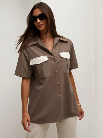 Women's Summer Contrast Color Cargo Pocket Short Sleeve Casual Shirt