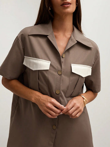 Women's Summer Contrast Color Cargo Pocket Short Sleeve Casual Shirt
