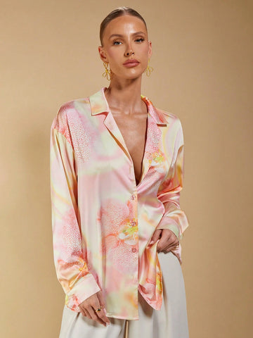 Women's Vacation Tie-Dye Print Irregular Crew Neck Loose Long Sleeve Casual Shirt