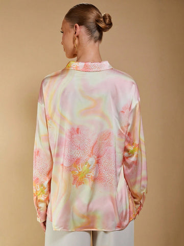 Women's Vacation Tie-Dye Print Irregular Crew Neck Loose Long Sleeve Casual Shirt