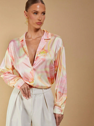Women's Vacation Tie-Dye Print Irregular Crew Neck Loose Long Sleeve Casual Shirt