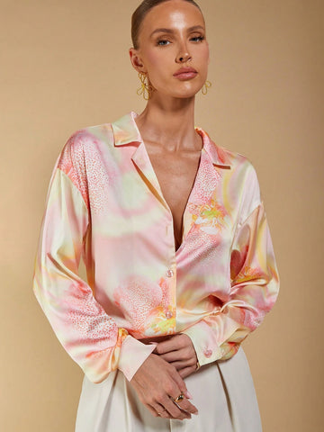 Women's Vacation Tie-Dye Print Irregular Crew Neck Loose Long Sleeve Casual Shirt