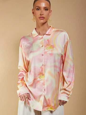 Women's Vacation Tie-Dye Print Irregular Crew Neck Loose Long Sleeve Casual Shirt