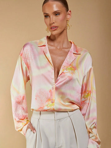 Women's Vacation Tie-Dye Print Irregular Crew Neck Loose Long Sleeve Casual Shirt