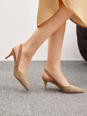 Woman Shoes Elegant Minimalist Point Toe Stiletto Slingback Beige Pumps