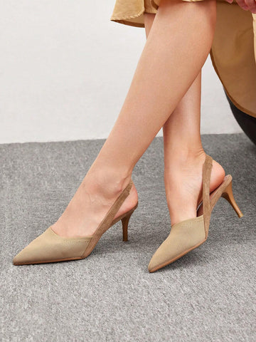 Woman Shoes Elegant Minimalist Point Toe Stiletto Slingback Beige Pumps