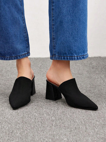 Woman Shoes Knit Detail Point Toe Chunky Mules For Spring And Summer