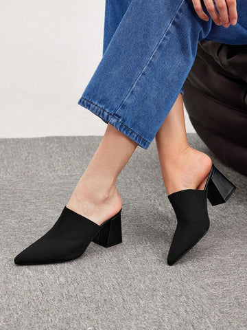 Woman Shoes Knit Detail Point Toe Chunky Mules For Spring And Summer