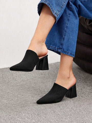 Woman Shoes Knit Detail Point Toe Chunky Mules For Spring And Summer
