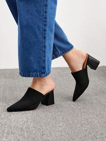 Woman Shoes Knit Detail Point Toe Chunky Mules For Spring And Summer