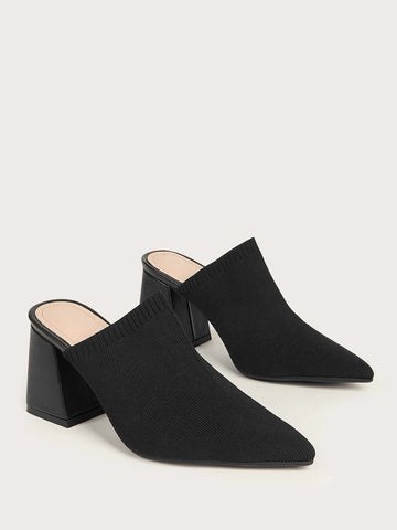 Woman Shoes Knit Detail Point Toe Chunky Mules For Spring And Summer