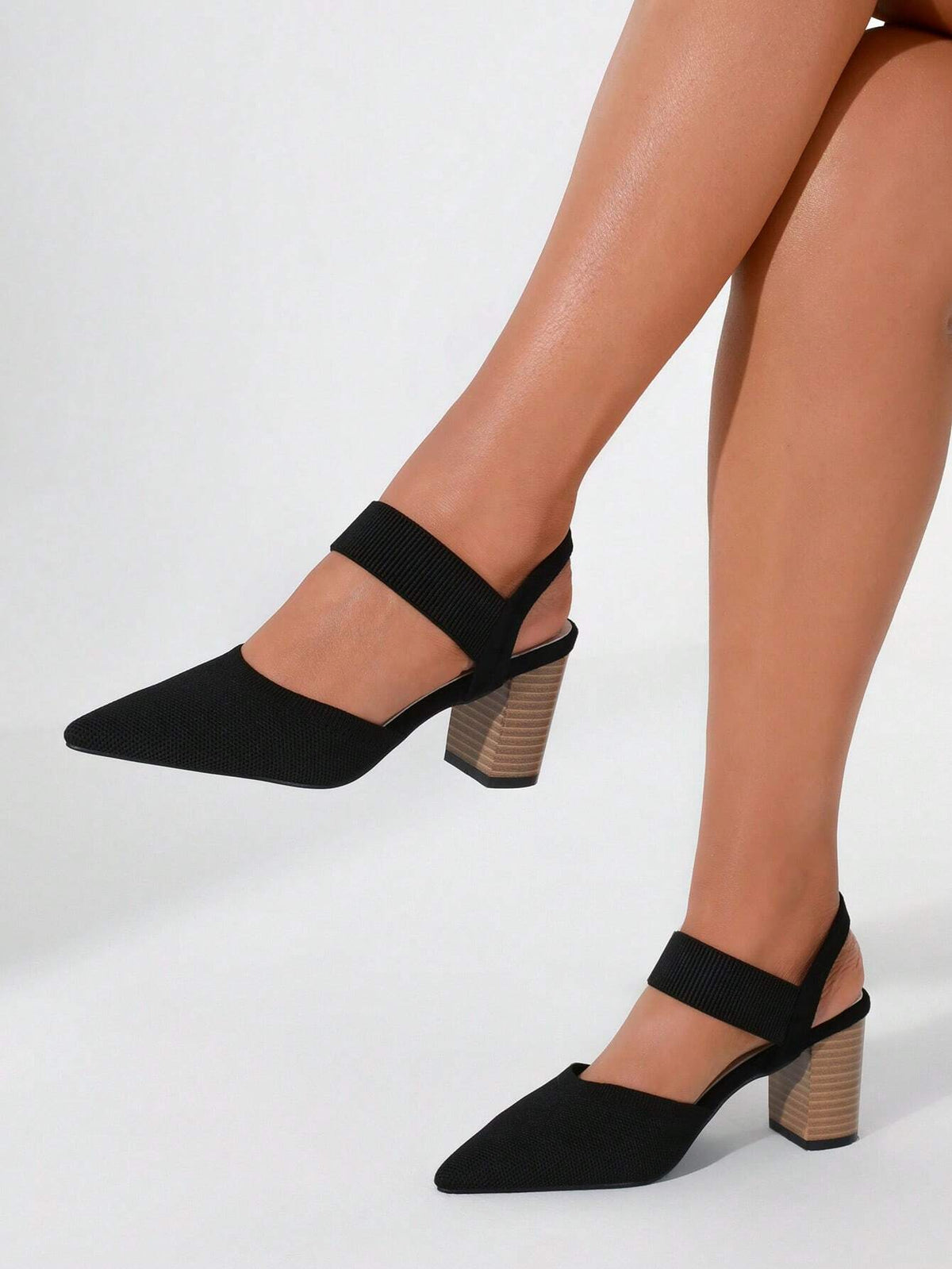 Woman Shoes Minimalist Point Toe Slingback Chunky Black Pumps For Summer
