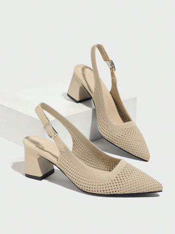 Women's Pointed Toe Chunky Heel Mid-Heel Black Knit Backstrap Slingback Summer Breathable