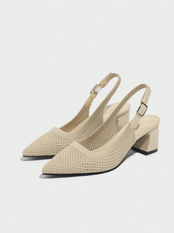 Women's Pointed Toe Chunky Heel Mid-Heel Black Knit Backstrap Slingback Summer Breathable