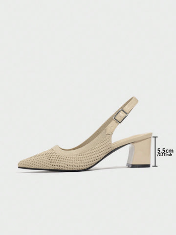 Women's Pointed Toe Chunky Heel Mid-Heel Black Knit Backstrap Slingback Summer Breathable