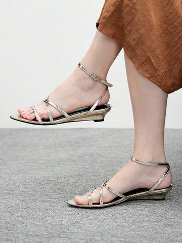 Pointed Toe Cross Strap Gold Color Flat Sandals, Fashionable & Sexy For Night Out,