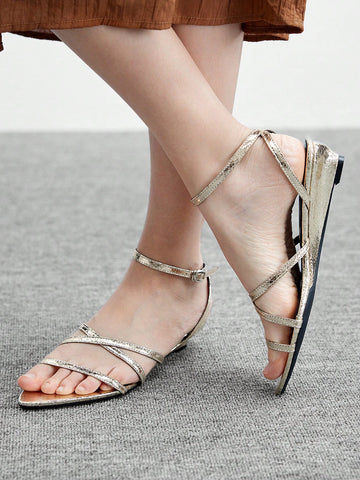 Pointed Toe Cross Strap Gold Color Flat Sandals, Fashionable & Sexy For Night Out,