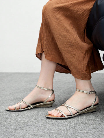 Pointed Toe Cross Strap Gold Color Flat Sandals, Fashionable & Sexy For Night Out,