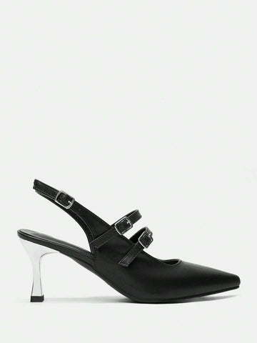 Pointed Toe Slim High Heel Backless Buckle Strap Women High Heels Pumps