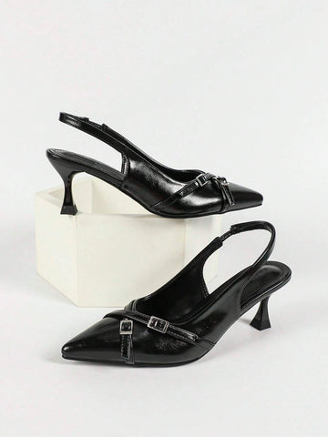 Professional Women's Black Synthetic Leather Cross Strap Pointed Toe