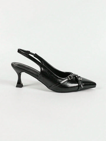 Professional Women's Black Synthetic Leather Cross Strap Pointed Toe