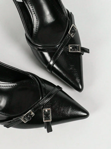 Professional Women's Black Synthetic Leather Cross Strap Pointed Toe