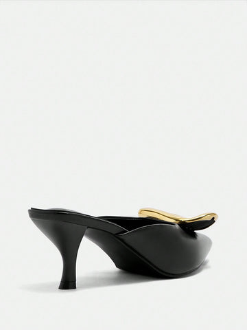 Women Metal Buckle Pointed Toe Thin High Heel Shoes, Elegant Luxury Noble Black Color