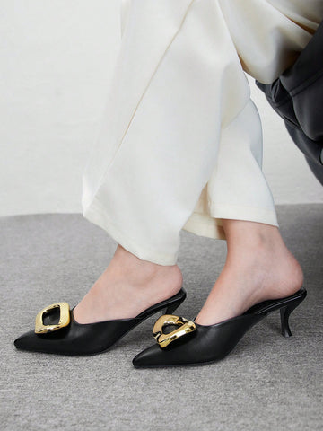 Women Metal Buckle Pointed Toe Thin High Heel Shoes, Elegant Luxury Noble Black Color