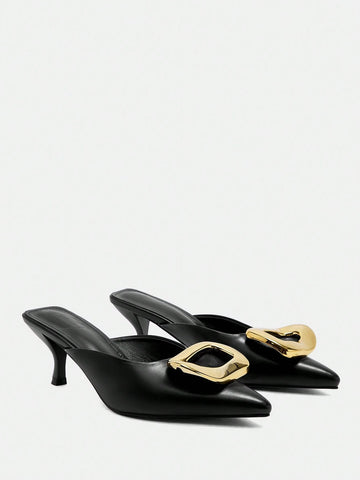 Women Metal Buckle Pointed Toe Thin High Heel Shoes, Elegant Luxury Noble Black Color