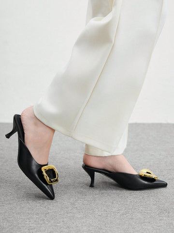 Women Metal Buckle Pointed Toe Thin High Heel Shoes, Elegant Luxury Noble Black Color