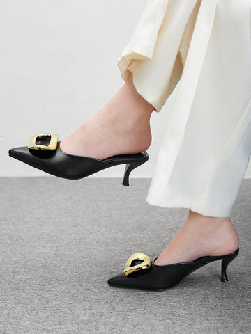 Women Metal Buckle Pointed Toe Thin High Heel Shoes, Elegant Luxury Noble Black Color