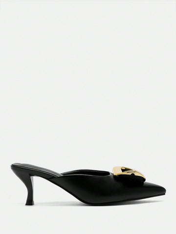 Women Metal Buckle Pointed Toe Thin High Heel Shoes, Elegant Luxury Noble Black Color