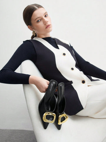Women Metal Buckle Pointed Toe Thin High Heel Shoes, Elegant Luxury Noble Black Color