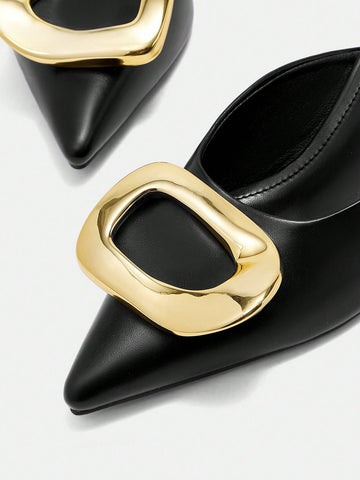 Women Metal Buckle Pointed Toe Thin High Heel Shoes, Elegant Luxury Noble Black Color