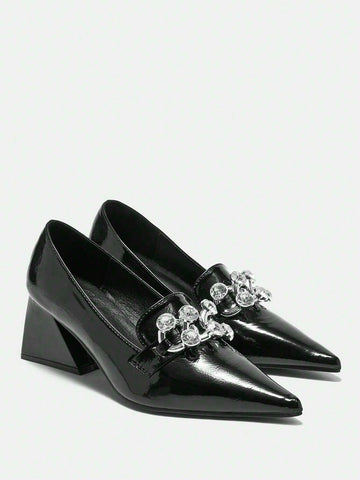 2024 New Black Pointy Toe Mid Heel Slip-On Shoes For Women, Retro & Versatile,