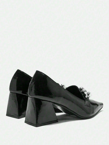 2024 New Black Pointy Toe Mid Heel Slip-On Shoes For Women, Retro & Versatile,