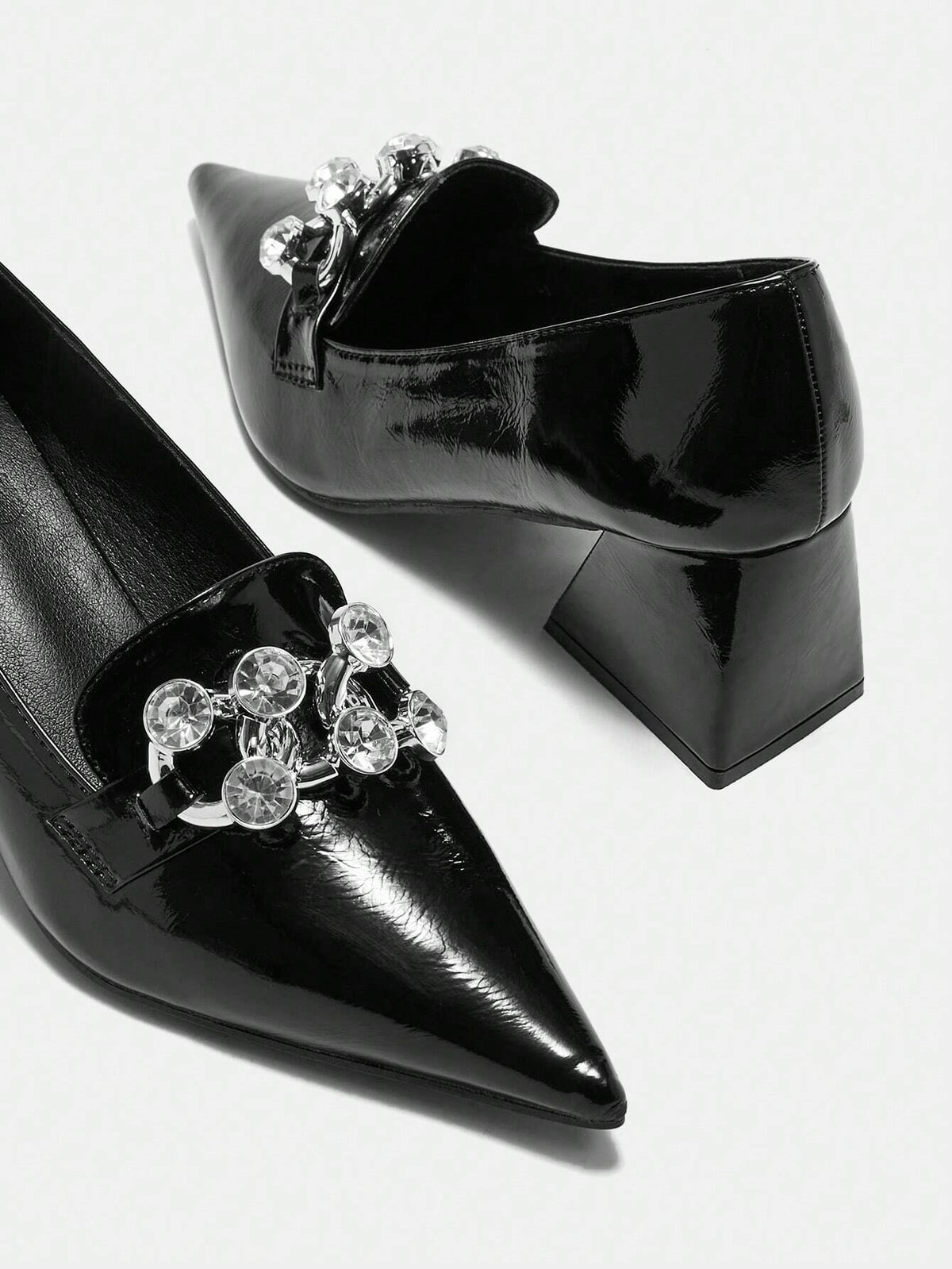 2024 New Black Pointy Toe Mid Heel Slip-On Shoes For Women, Retro & Versatile,