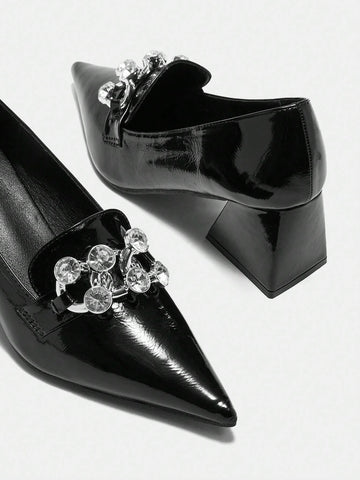 2024 New Black Pointy Toe Mid Heel Slip-On Shoes For Women, Retro & Versatile,