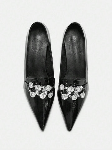 2024 New Black Pointy Toe Mid Heel Slip-On Shoes For Women, Retro & Versatile,