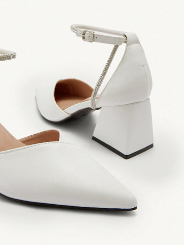 2024 New Black Round Toe Mid Heel Loafers For Women, Retro & Versatile European Style Plus Size, Rhinestone Decor