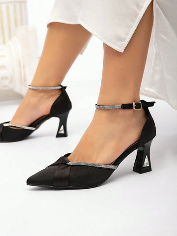 Black Pointed Toe Crystal Embellished Thick High Heel Closed Toe Women