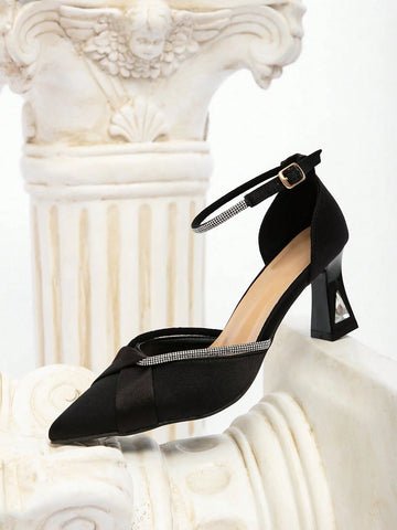 Black Pointed Toe Crystal Embellished Thick High Heel Closed Toe Women