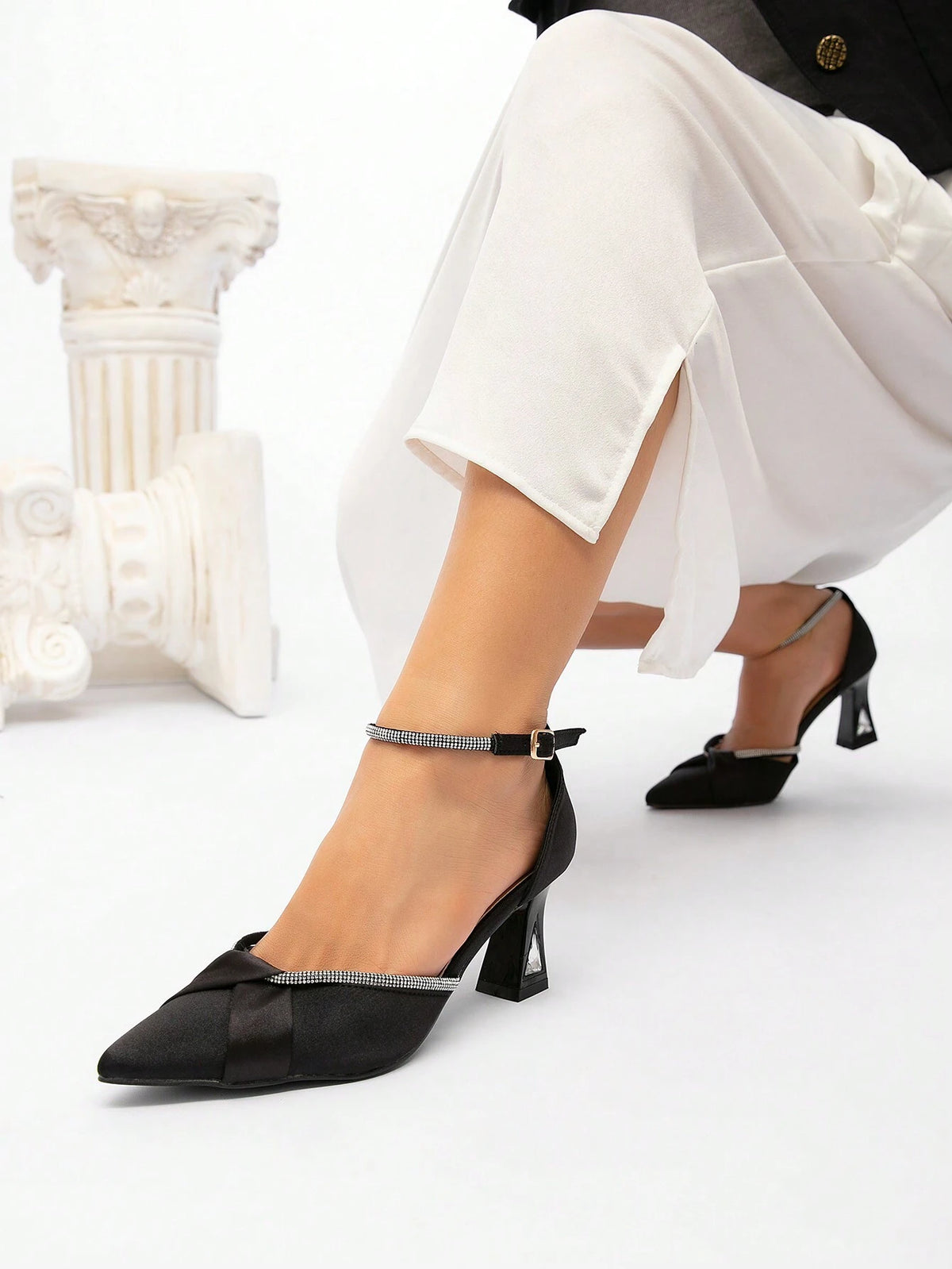 Black Pointed Toe Crystal Embellished Thick High Heel Closed Toe Women