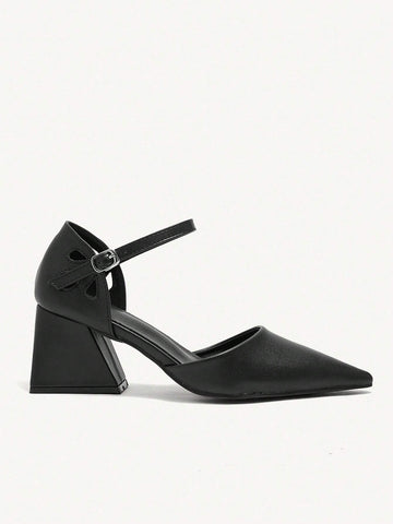 Black Pointed Toe Mid Heel Loafers For Women 2024 New Style, Retro Europe Design