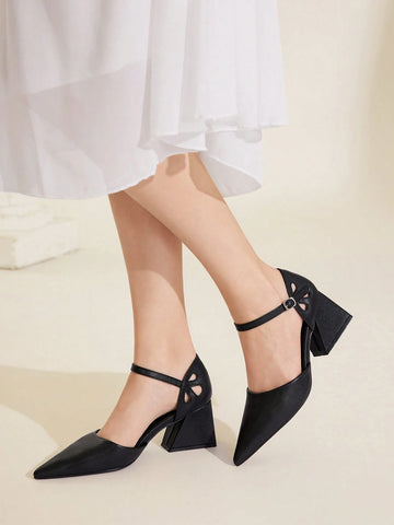 Black Pointed Toe Mid Heel Loafers For Women 2024 New Style, Retro Europe Design