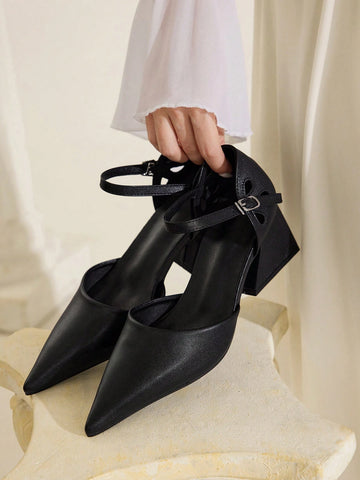 Black Pointed Toe Mid Heel Loafers For Women 2024 New Style, Retro Europe Design