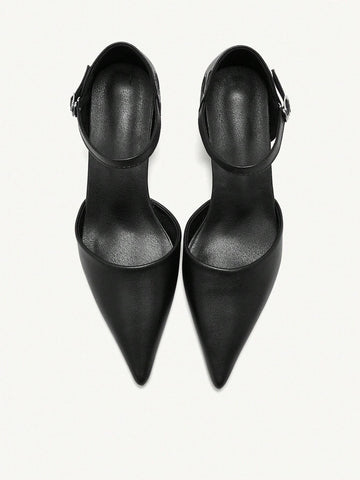 Black Pointed Toe Mid Heel Loafers For Women 2024 New Style, Retro Europe Design