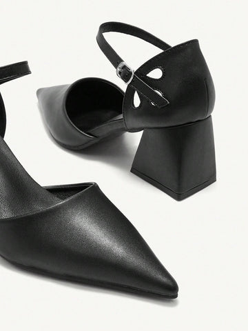 Black Pointed Toe Mid Heel Loafers For Women 2024 New Style, Retro Europe Design